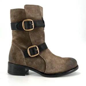 Nassima Boots & Booties | The Double Belt Moto Bootie in Grey Black