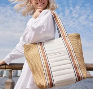Think Royln Totes | The Sunset Tote in Dune Raffia and White Patent